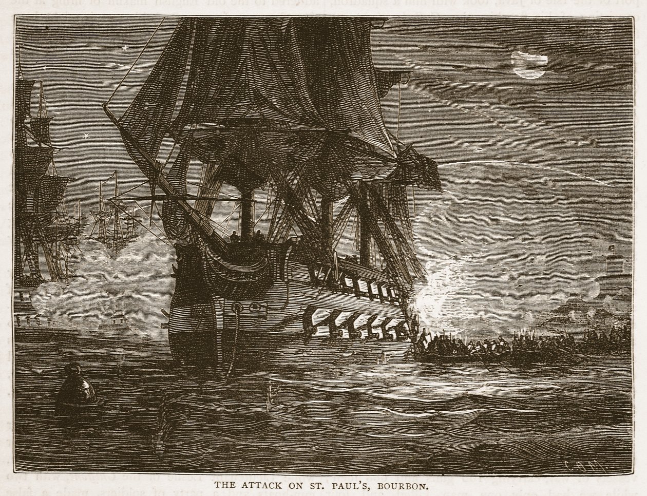 El ataque a St Pauls, Bourbon, ilustración de Cassells Illustrated History of India de James Grant, pub. 1879 de English School