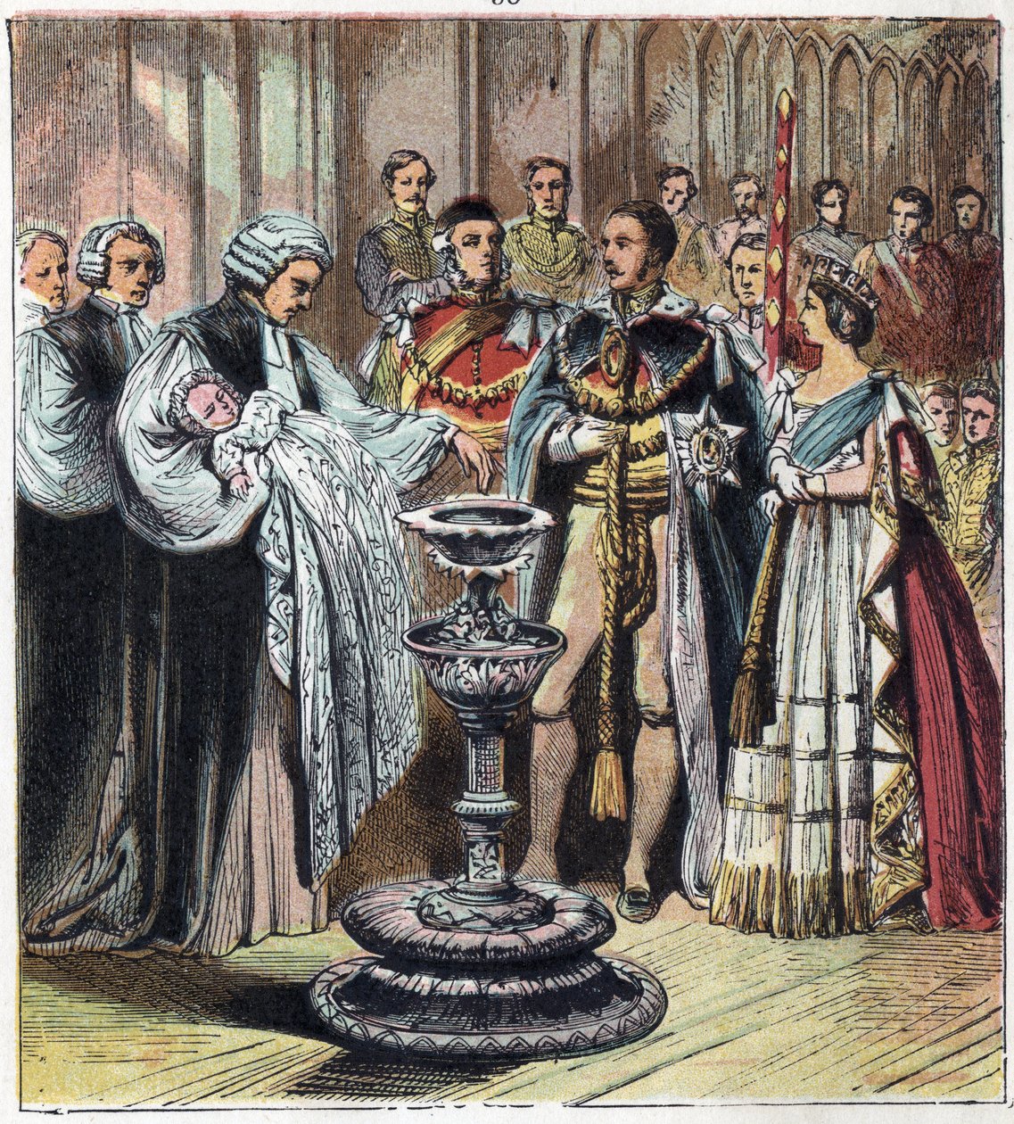 El bautismo del Príncipe de Gales, quien se convirtió en el Rey Eduardo VII (1841-1910), en presencia de sus padres, la Reina Victoria I (1819-1901) y el Príncipe Alberto de Sajonia Coburgo Gotha de English School