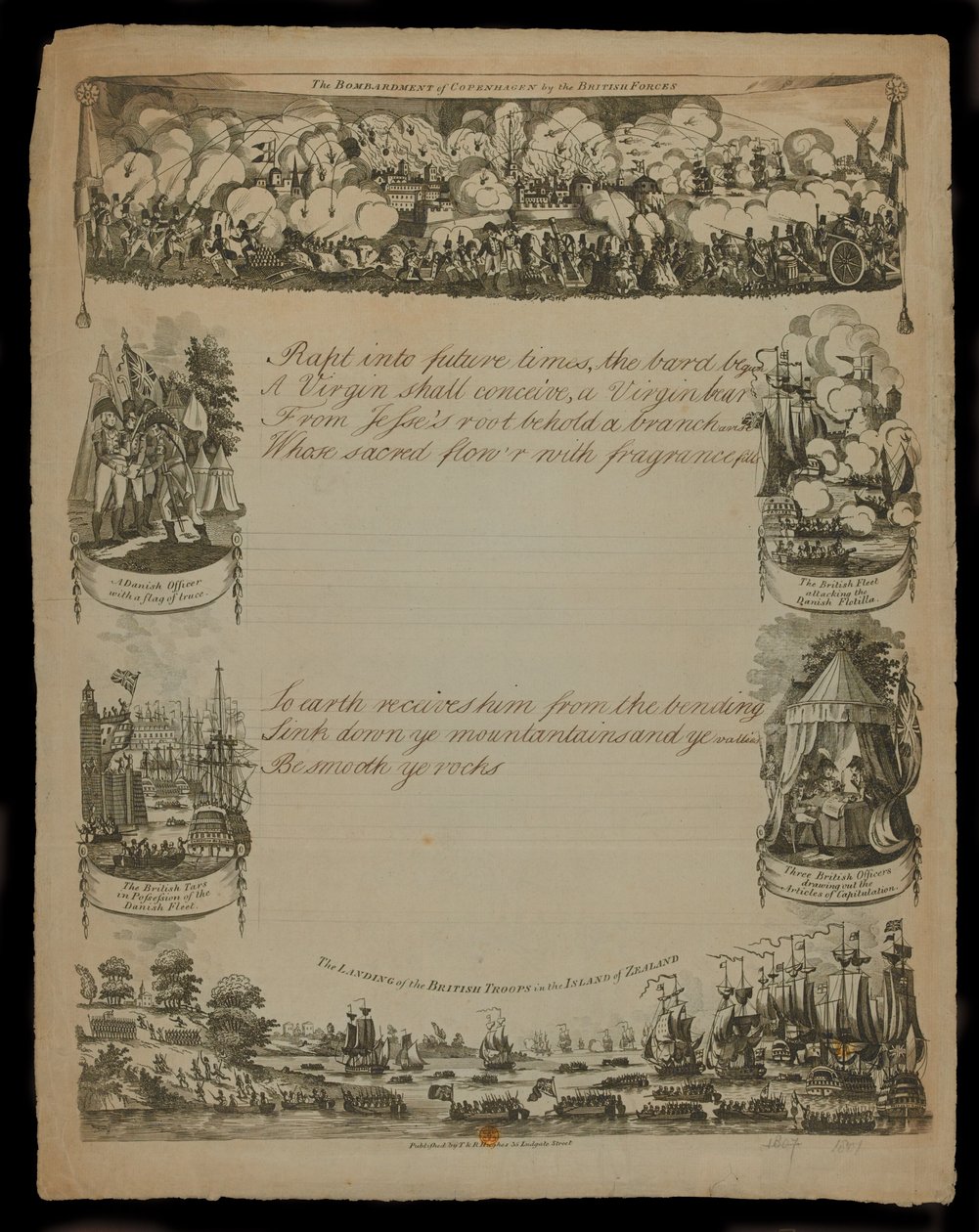 El bombardeo de Copenhague por las fuerzas británicas y el desembarco de las fuerzas británicas en la isla de Zelanda, publicado por T. y R. Hughes en 1807 de English School