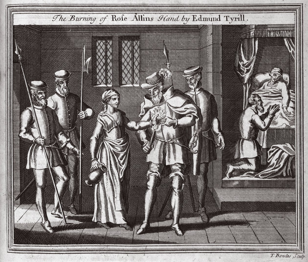 La quema de la mano de Rose Allin por Edmund Tyrill, ilustración de Mártires de Fox c.1703 de English School