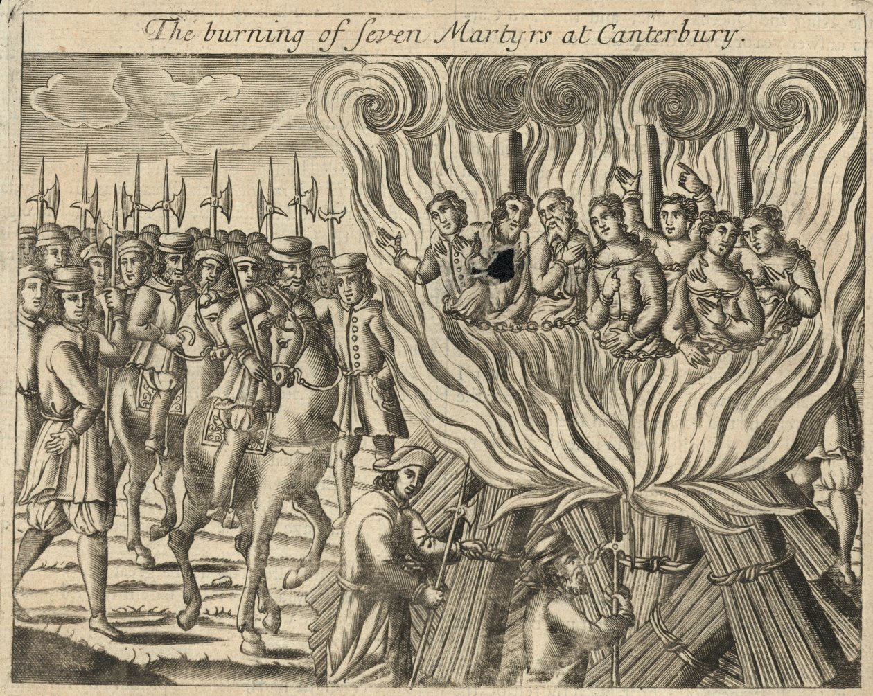 La quema de siete mártires en Canterbury (grabado) de English School