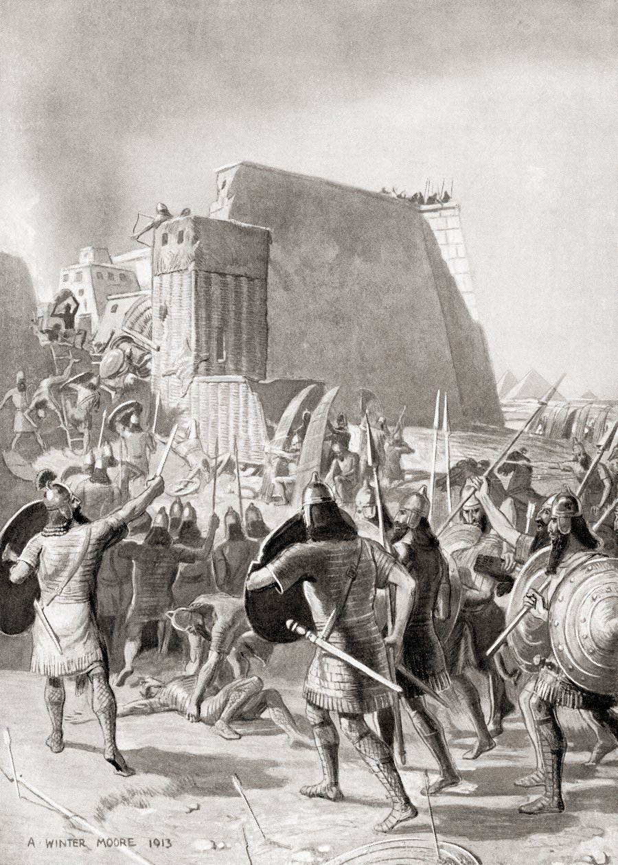 La captura de Menfis, Egipto por el rey asirio Esarhaddon, 671 a.C., de la Historia de las Naciones de Hutchinson, pub.1915 de English School