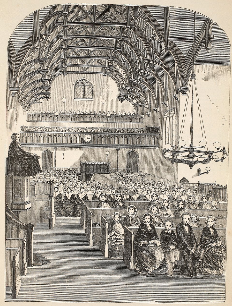 La capilla en Brixton, ilustración de Las prisiones criminales de Londres y escenas de la vida en prisión de Henry Mayhew y John Binny, pub. 1862 de English School