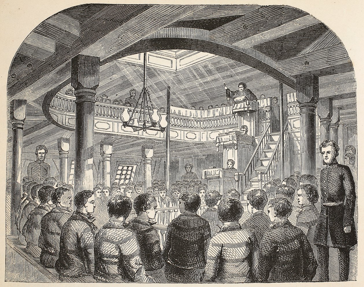 La capilla de convictos a bordo del casco de la Defensa en Woolwich, ilustración de Las prisiones criminales de Londres y escenas de la vida en prisión de Henry Mayhew y John Binny, pub. 1862 de English School