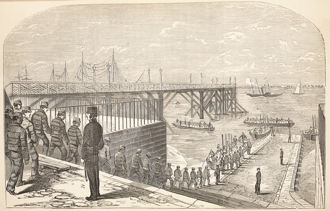 Los convictos regresando a los cascos desde su trabajo en el Arsenal, ilustración de Las prisiones criminales de Londres y escenas de la vida en prisión de Henry Mayhew y John Binny, pub. 1862 de English School