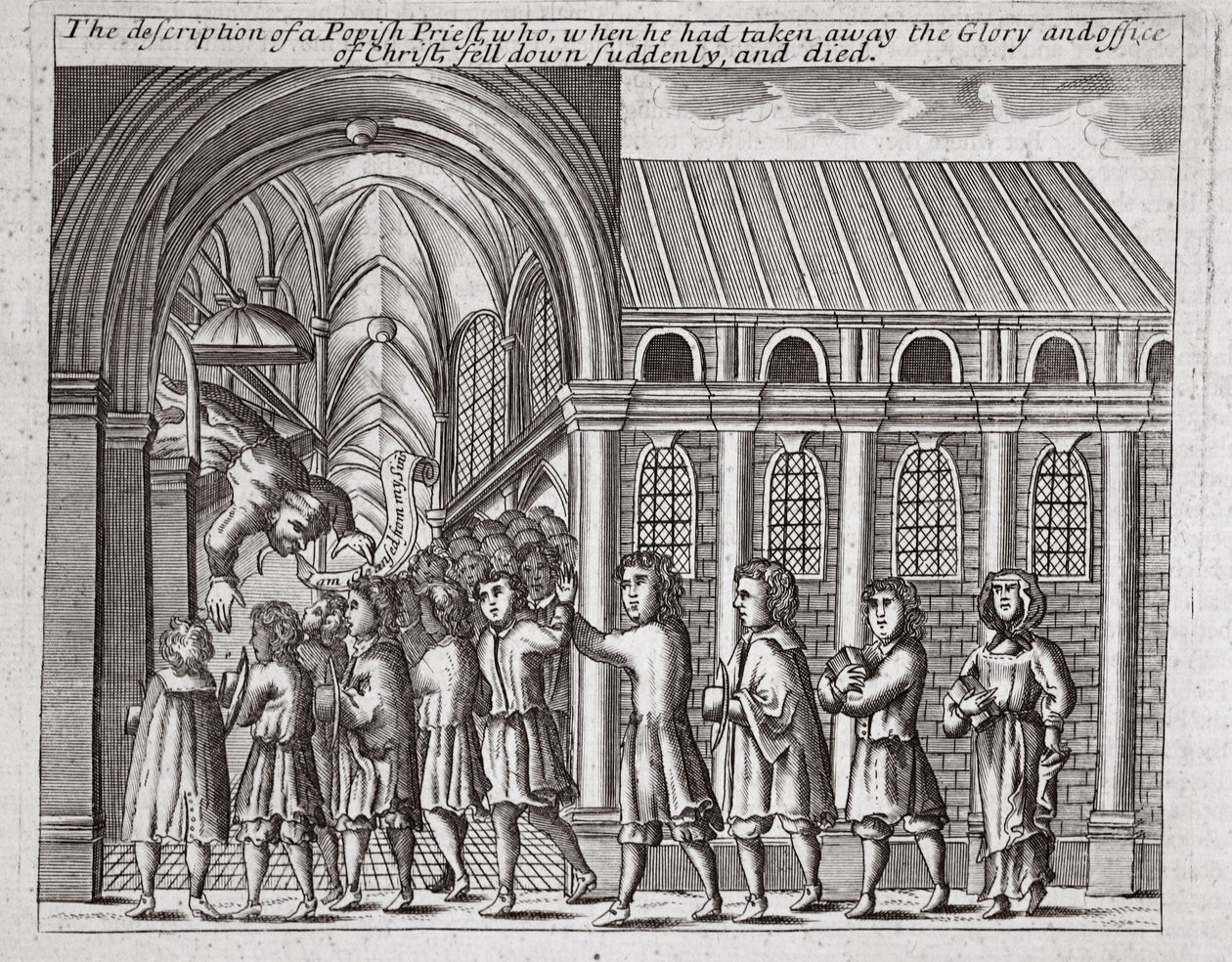 La descripción del sacerdote papista que, cuando quitó la gloria y el oficio de Cristo, cayó repentinamente y murió, ilustración de Hechos y Monumentos de John Foxe, novena edición de English School