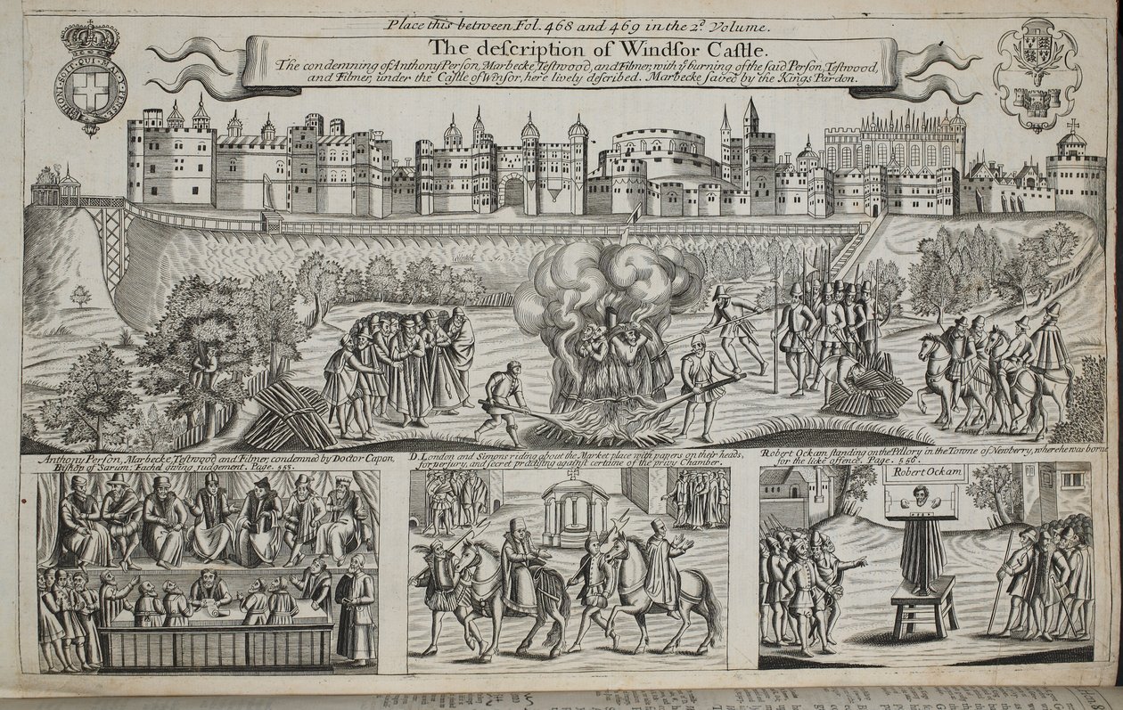 La descripción del Castillo de Windsor, ilustración de Hechos y Monumentos de John Foxe, novena edición, pub. 1684 de English School