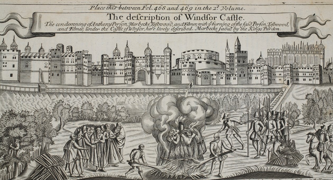 La descripción del Castillo de Windsor, ilustración de Hechos y Monumentos de John Foxe, novena edición, pub. 1684 de English School