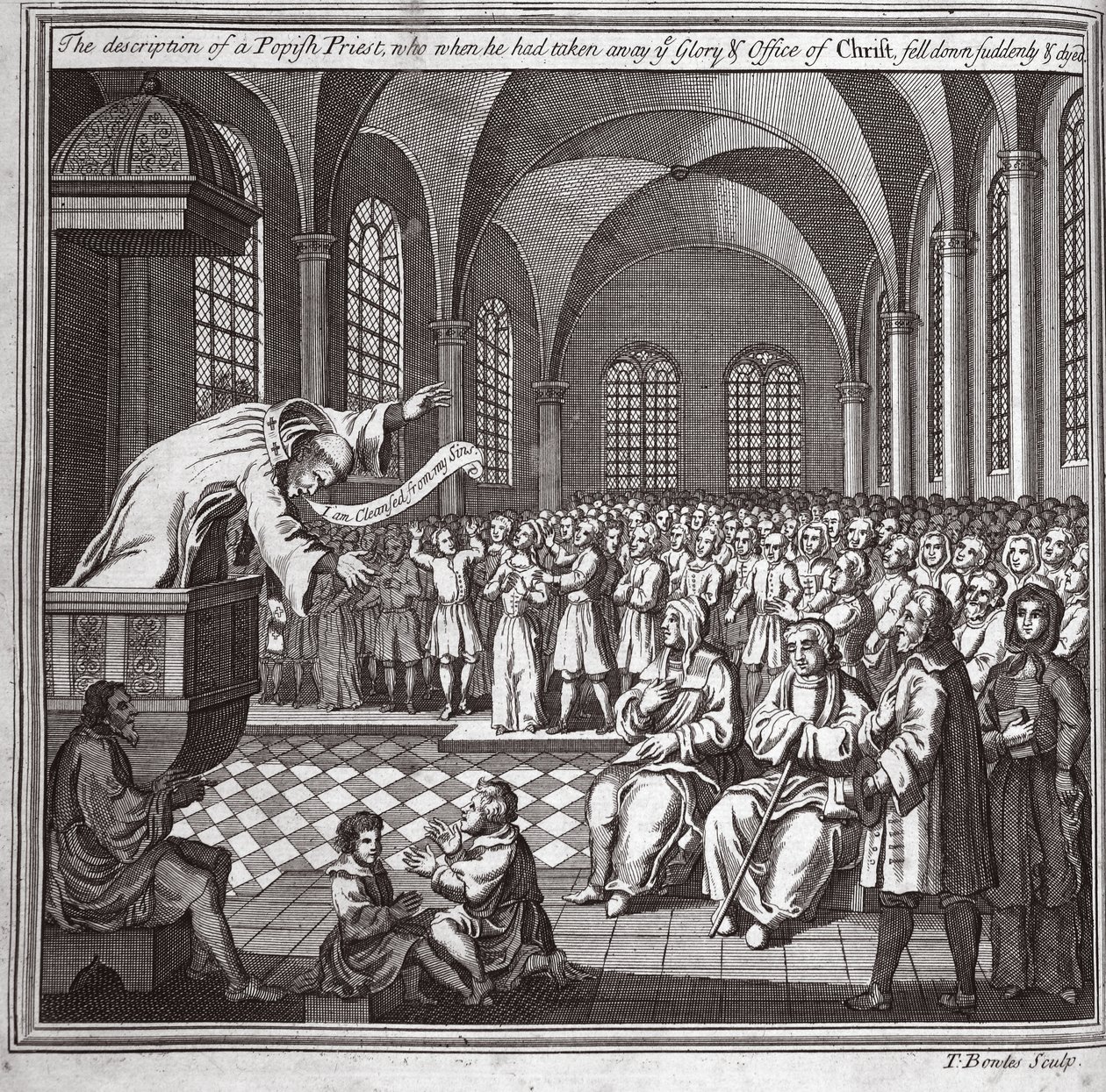 Descripción de un sacerdote papista, quien al quitar la Gloria y el oficio de Cristo, cayó repentinamente y murió, ilustración de Mártires de Fox c.1703 de English School