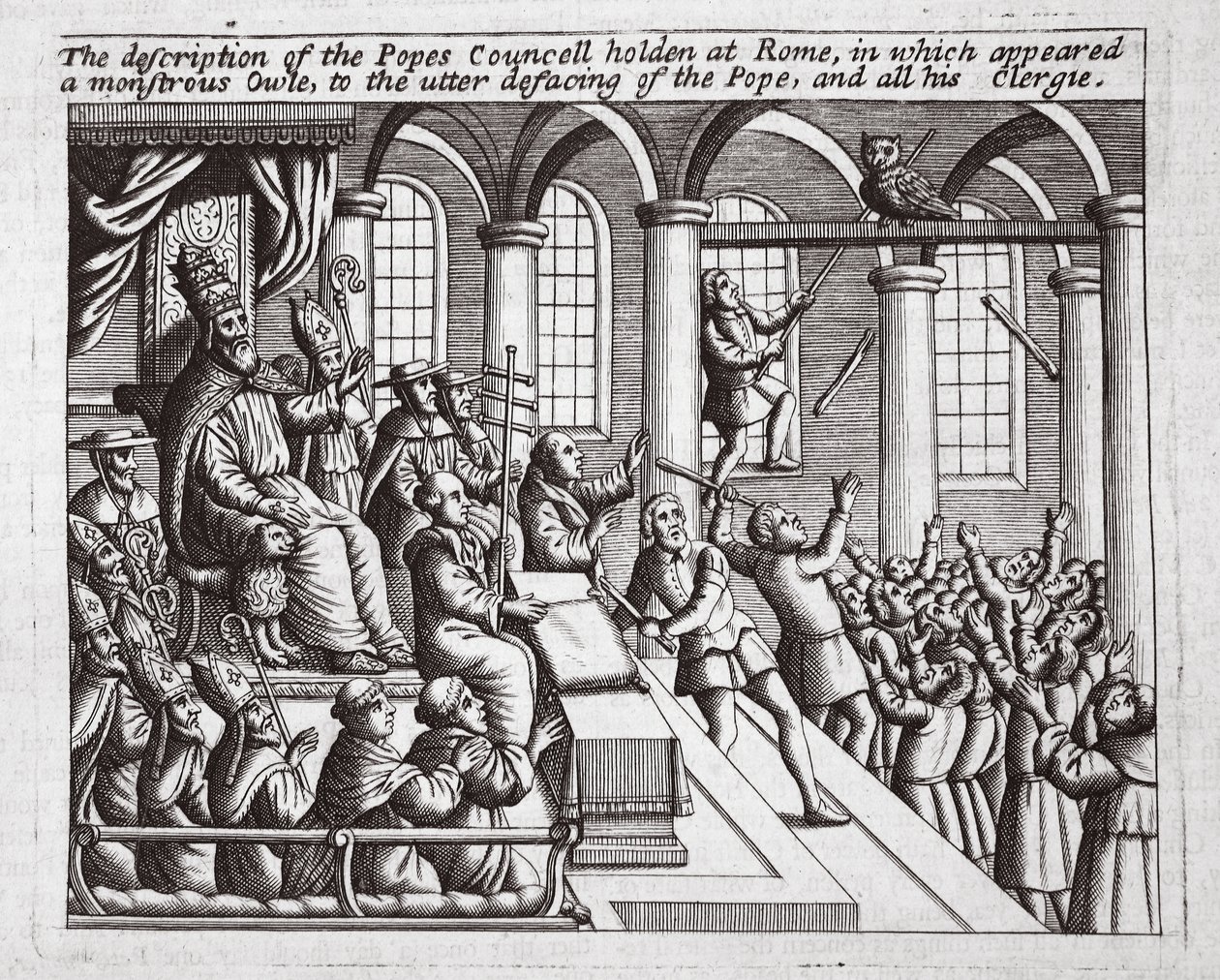 La descripción del Concilio del Papa celebrado en Roma, en el que apareció un búho monstruoso, para la completa desfiguración del Papa y todo su clero, ilustración de Hechos y Monumentos de John Foxe, novena edición de English School
