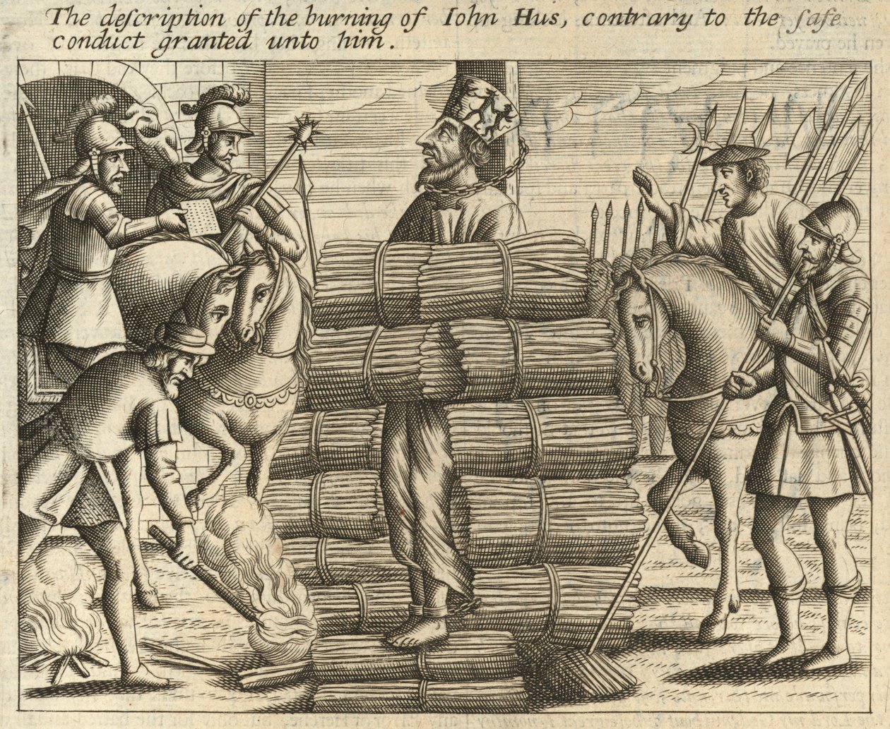 Descripción de la quema de Juan Hus, contraria al salvoconducto que se le concedió (grabado) de English School