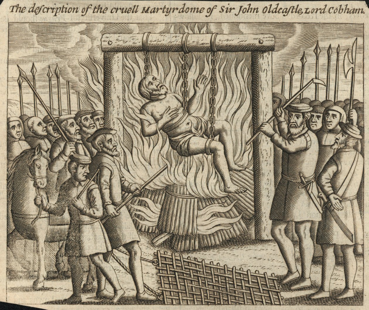 Descripción del cruel martirio de Sir John Oldcastle, Lord Cobham (grabado) de English School