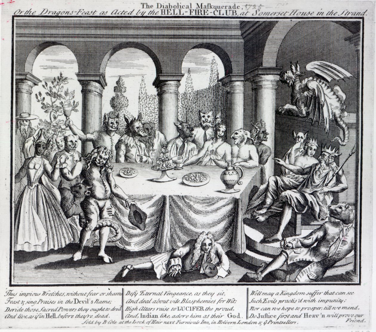 La mascarada diabólica, o la fiesta de los dragones como actuada por el Club del Fuego Infernal, en Somerset House en el Strand, c.1721 de English School