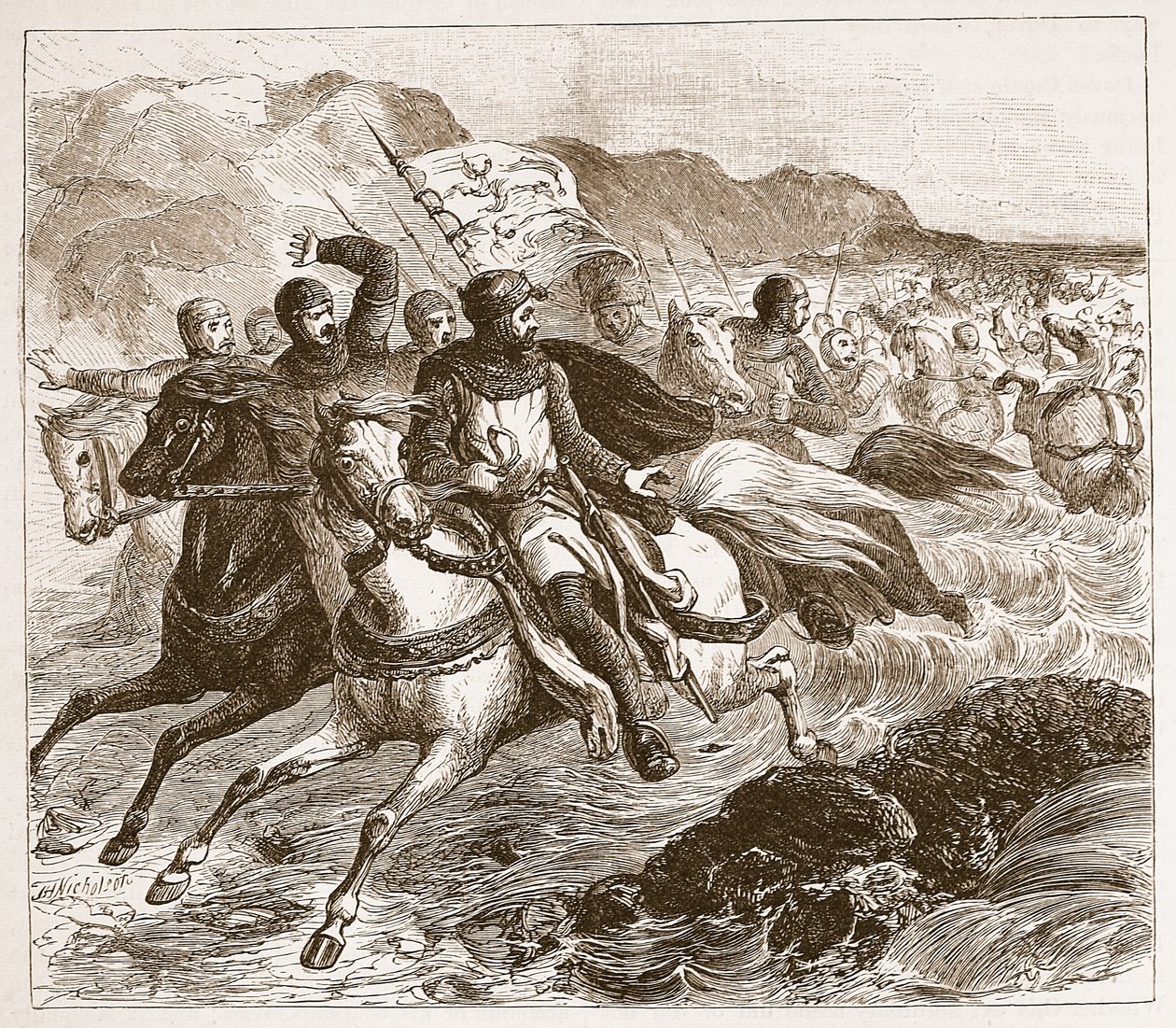 El desastre del ejército de Juan en el Wash, ilustración de Cassells Illustrated History of England de English School