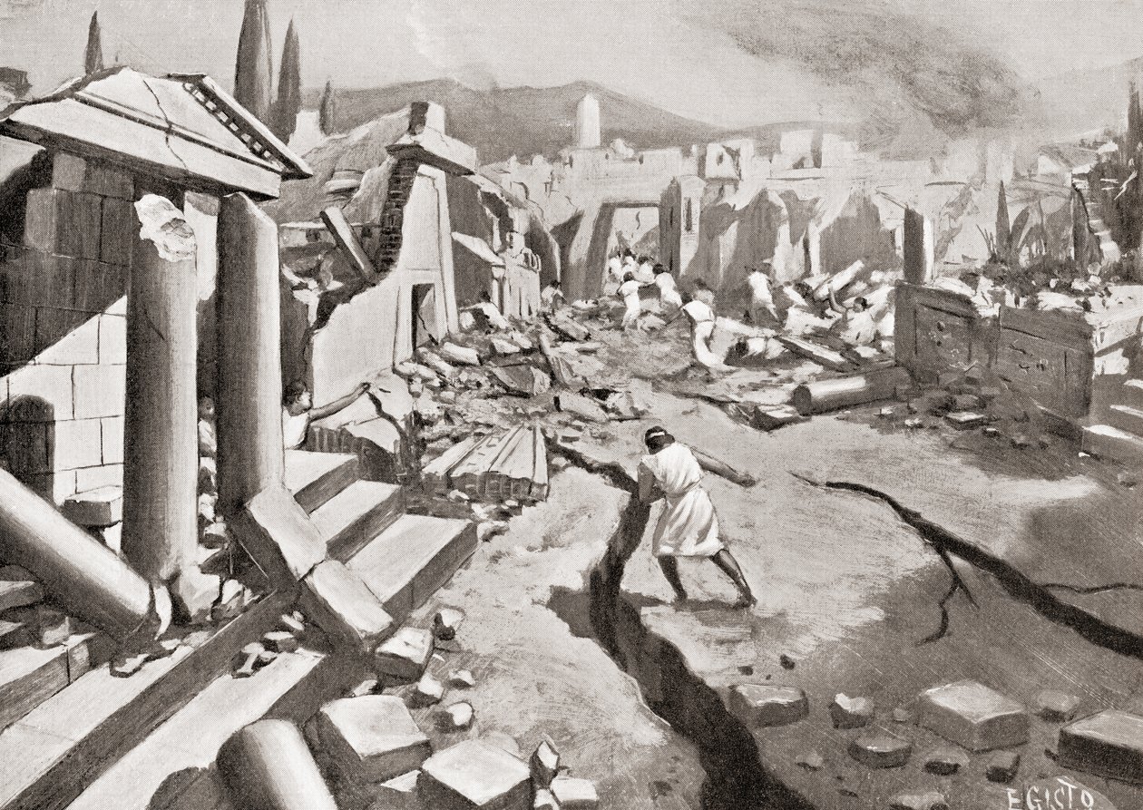 El terremoto en Esparta, antigua Grecia, 464 a.C., de la Historia de las Naciones de Hutchinson, pub.1915 de English School