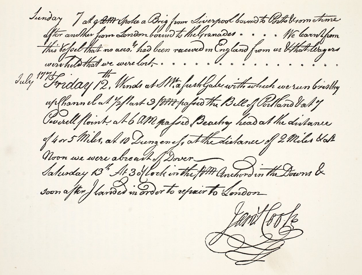 La caligrafía de James Cook, julio 1771 de English School