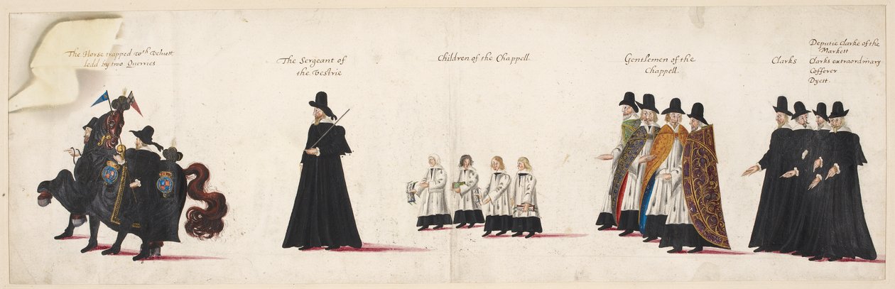El caballo atrapado con terciopelo, conducido por dos palafreneros; el sargento de la Vestrie; Niños de la Capilla Real. Parte de la procesión fúnebre de la reina Isabel I a la Abadía de Westminster, el 28 de abril de 1603. de English School