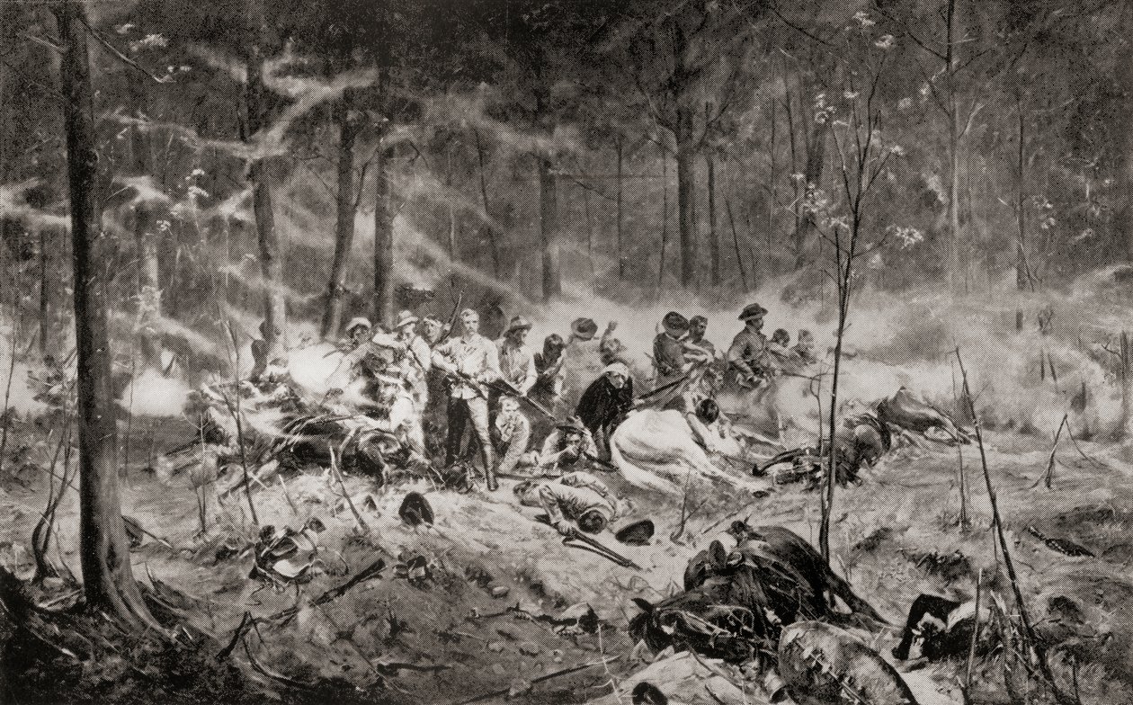 La última batalla del comandante Allan Wilson en el río Shangani, Matabeleland, durante la Primera Guerra Matabele en 1893, según la pintura de Allan Stewart, de "South Africa and the Transvaal War: Vol. 1" de Louis Creswicke, publicado en 1900 (litografía de English School