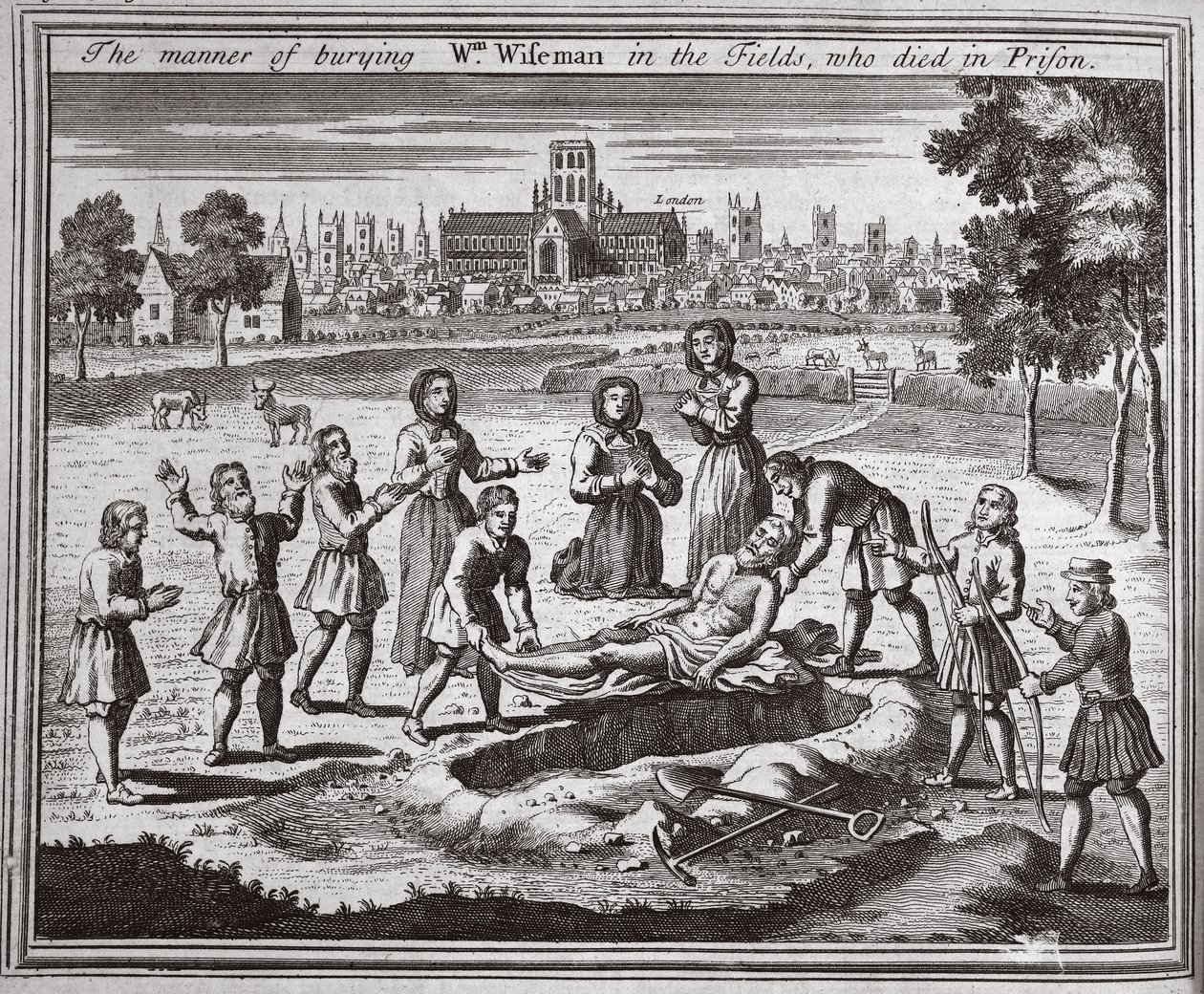 La manera de enterrar a Wm Wiseman en los campos, quien murió en prisión, ilustración de Mártires de Fox c.1703 de English School