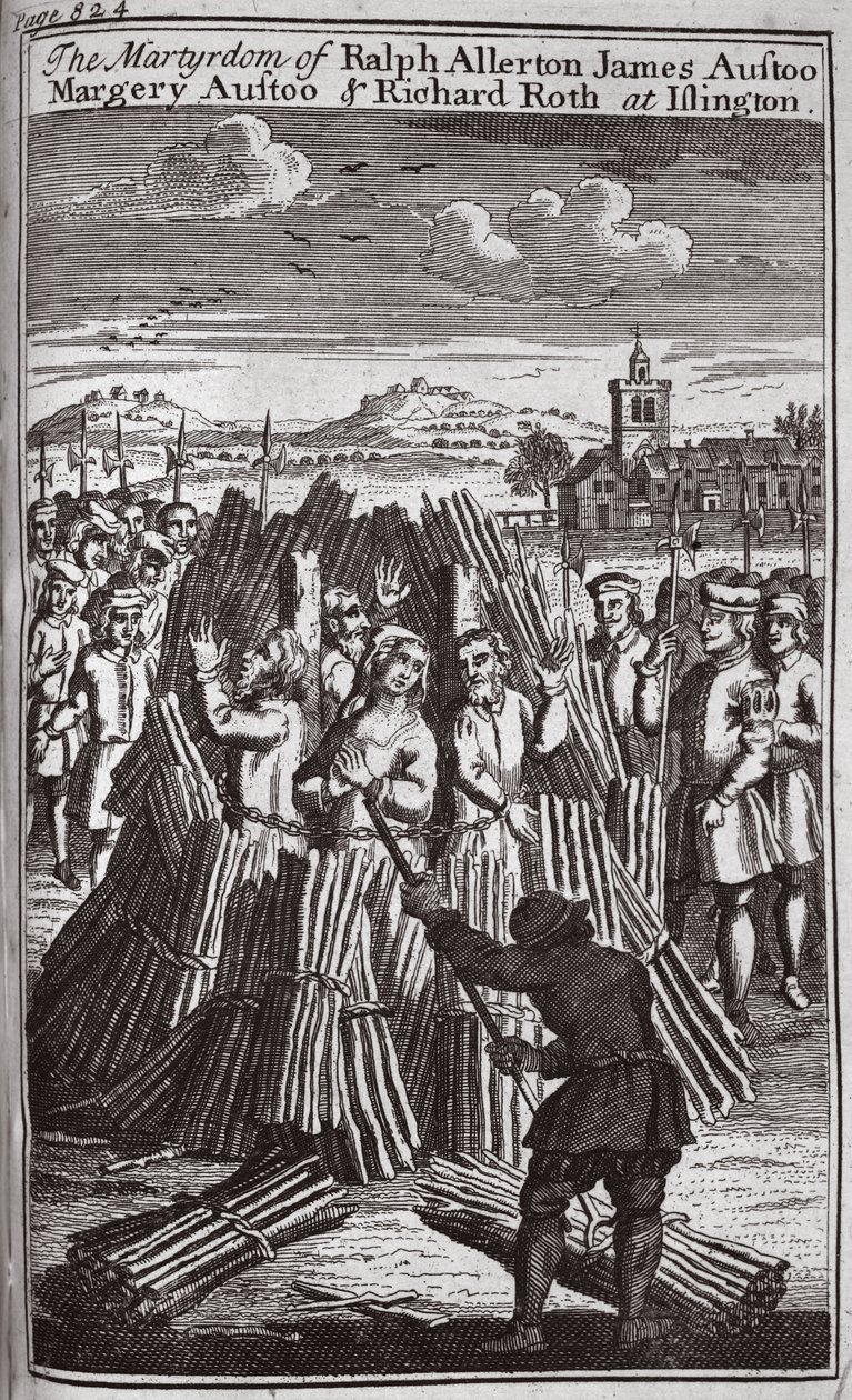 El martirio de Ralph Allerton James Austoo, Margery Austoo y Richard Roth en Islington, ilustración de 