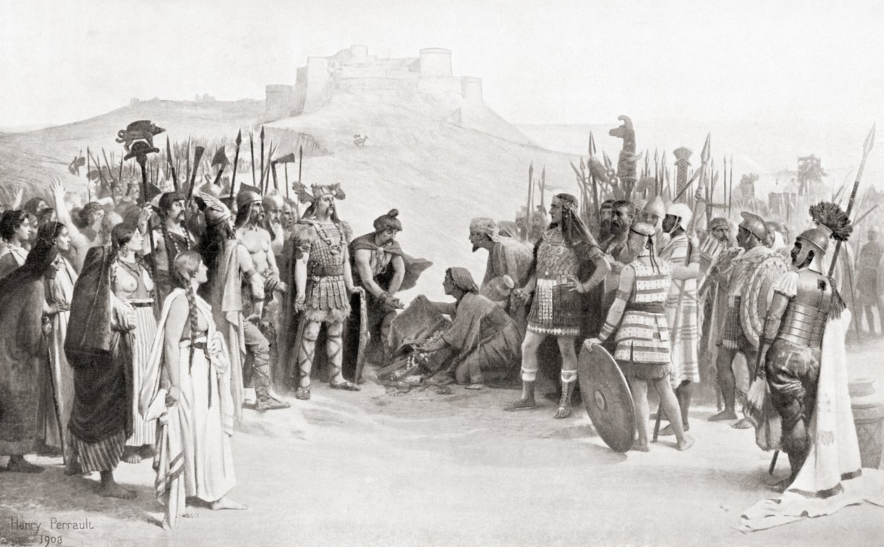 El encuentro de Aníbal con los Ceutrones, una tribu celta de la antigua Galia, durante su cruce de los Alpes en 218 a.C., de la Historia de las Naciones de Hutchinson, pub.1915 de English School