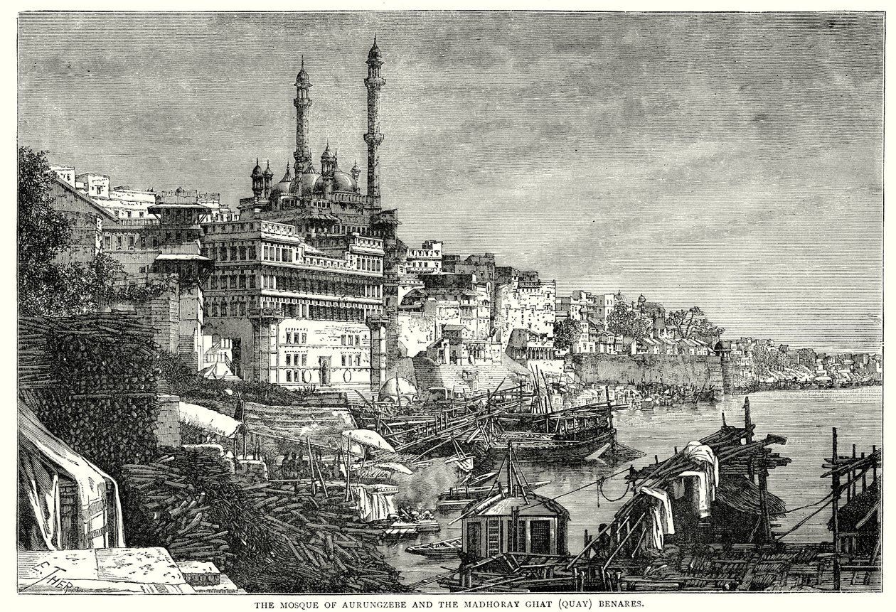 La mezquita de Aurungzebe y el Madhoray ghat Benarés (grabado) de English School