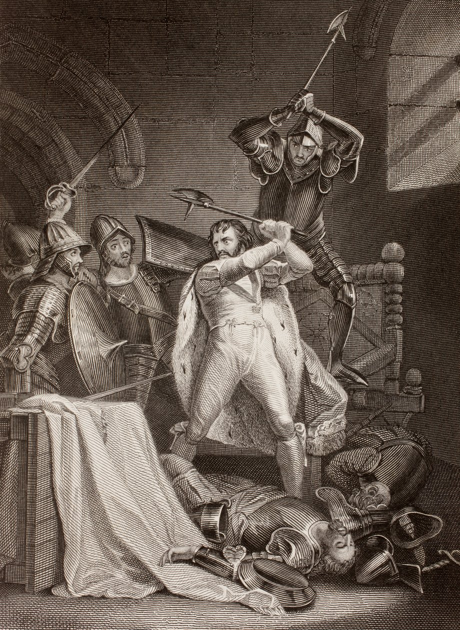 El asesinato de Ricardo II de Inglaterra en el castillo de Pontefract en 1400 (litografía) de English School