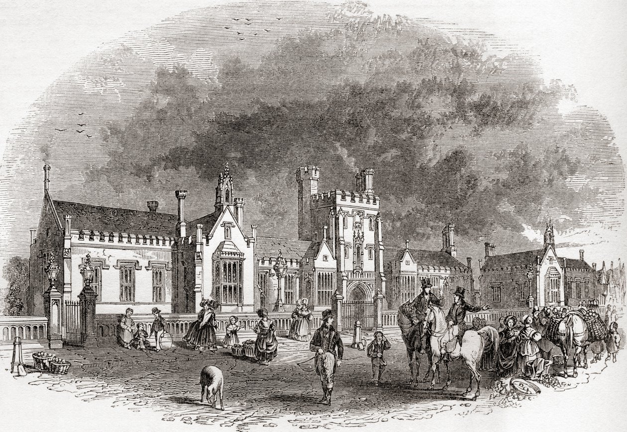 La antigua escuela de Bedford, reconstruida a finales del siglo XIX, de Old England: A Pictorial Museum, pub. 1847 de English School