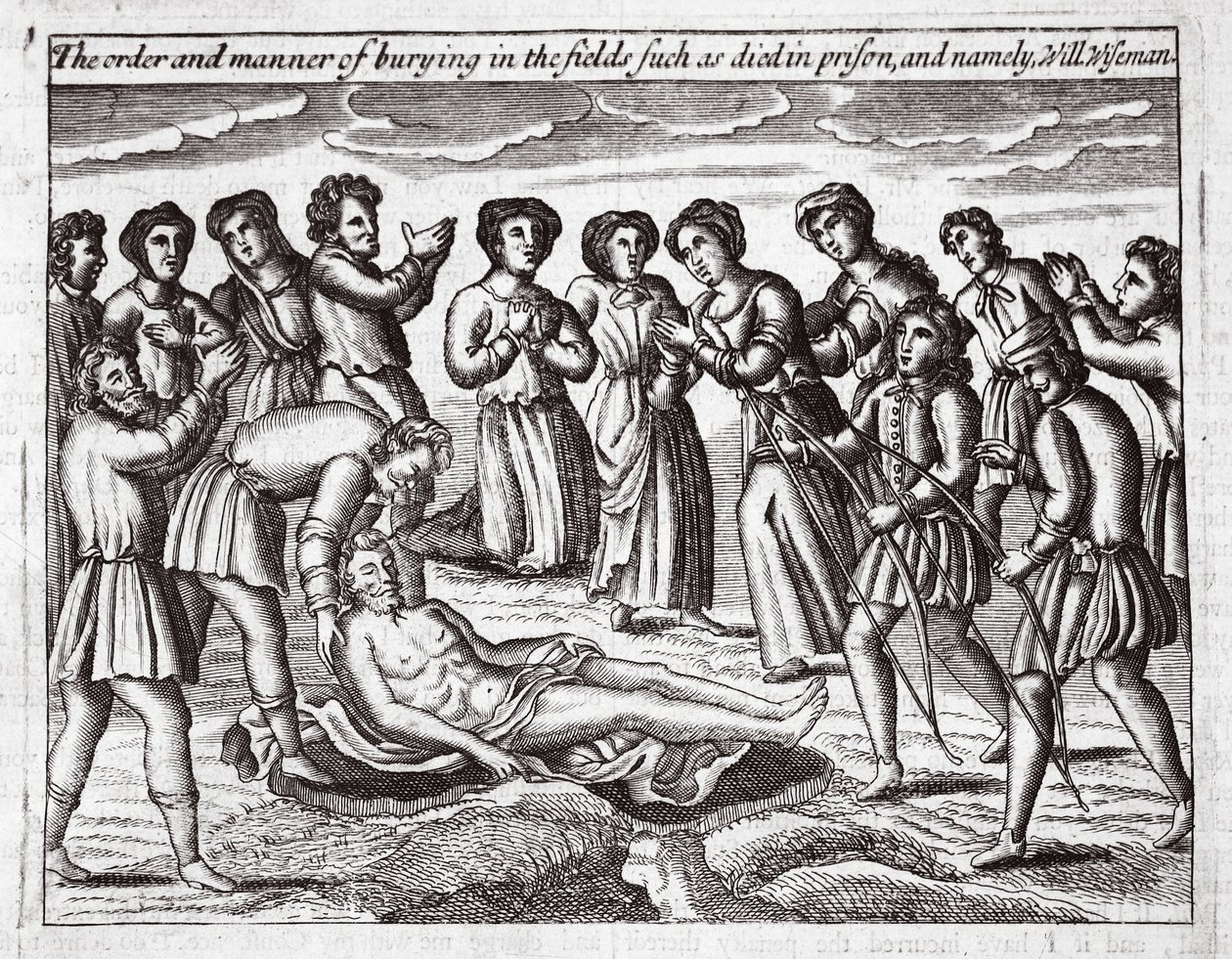 El orden y la manera de enterrar en los campos a los que murieron en prisión, y en particular, Will Wiseman, ilustración de Hechos y Monumentos de John Foxe, novena edición, pub. 1684 de English School