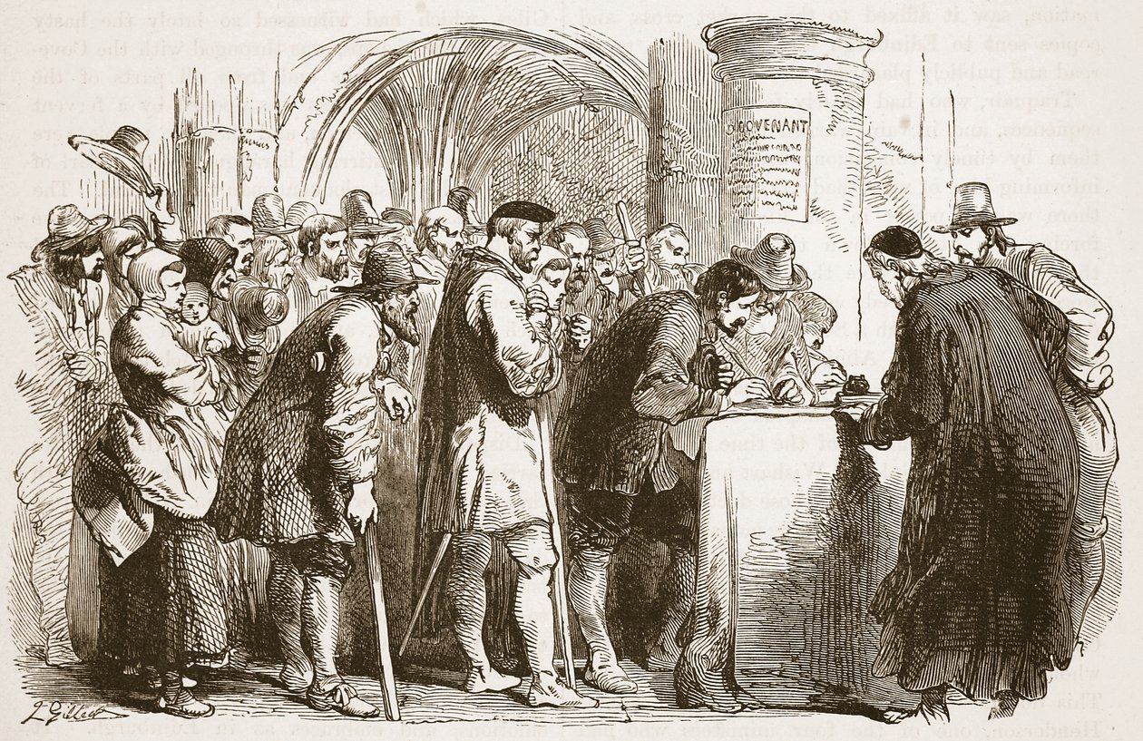 El pueblo firmando el Pacto en la iglesia de St. Giles, Edimburgo, ilustración de la Historia Ilustrada de Inglaterra de Cassell de English School
