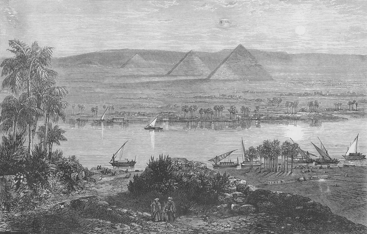 Las pirámides de Gizeh, desde la orilla este del Nilo de English School