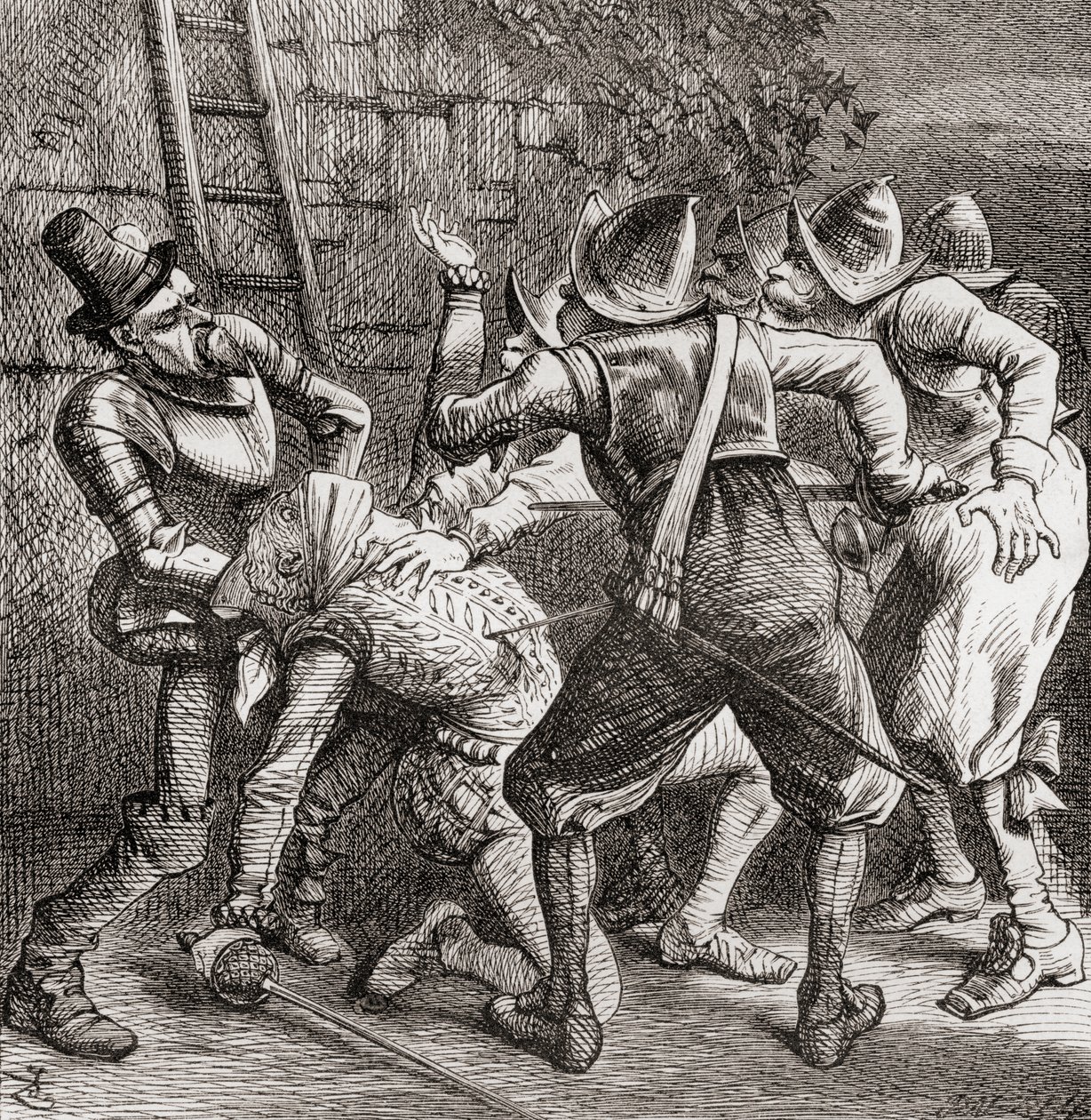 The rest of the rascals jumped on him and Burked him", ilustración de J. Tenniel para el poema "The Tragedy", de "The Ingoldsby Legends or Mirth and Marvels", de Thomas Ingoldsby, publicado en 1865 (litografía). de English School