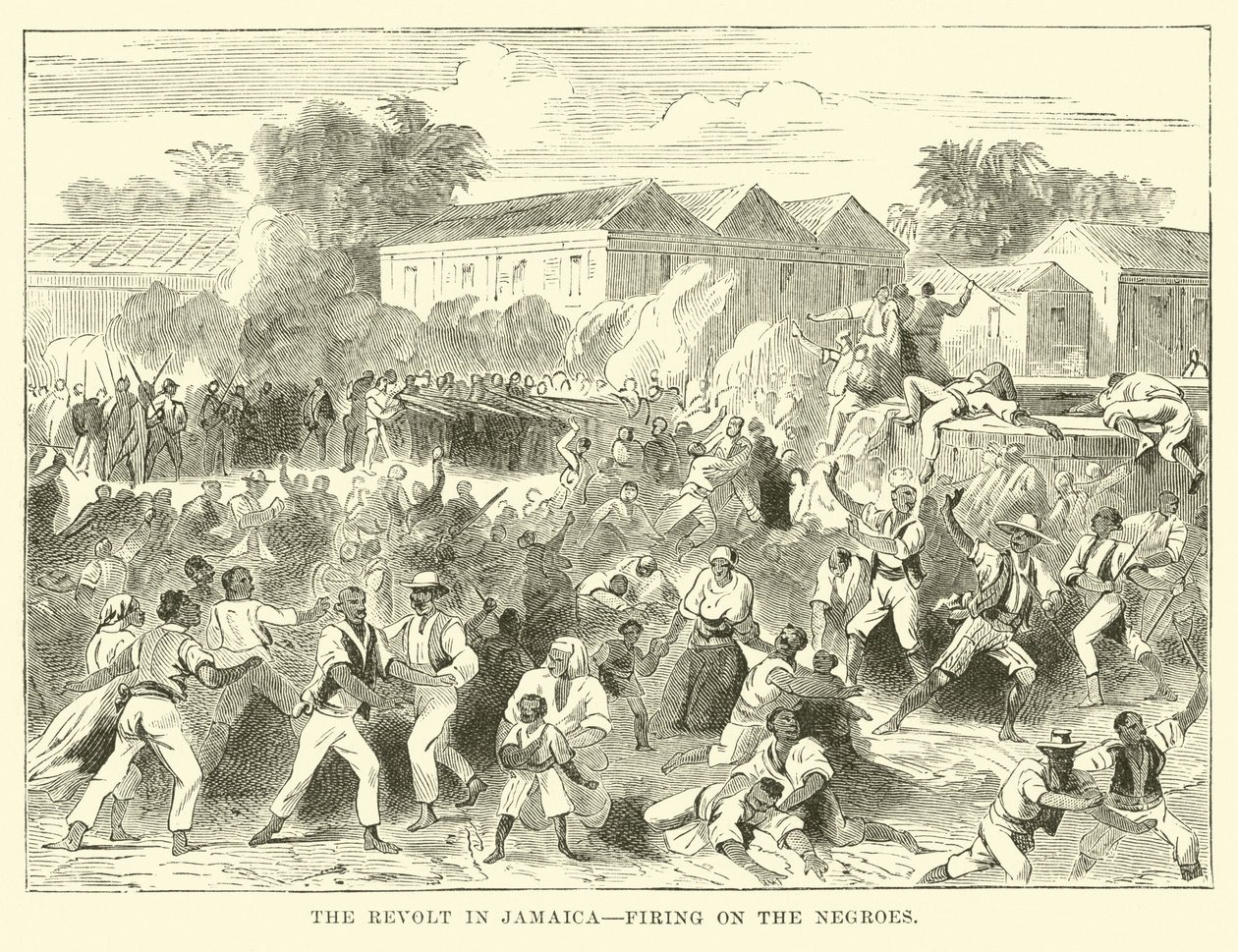 La revuelta de Jamaica, disparando contra los negros (grabado) de English School