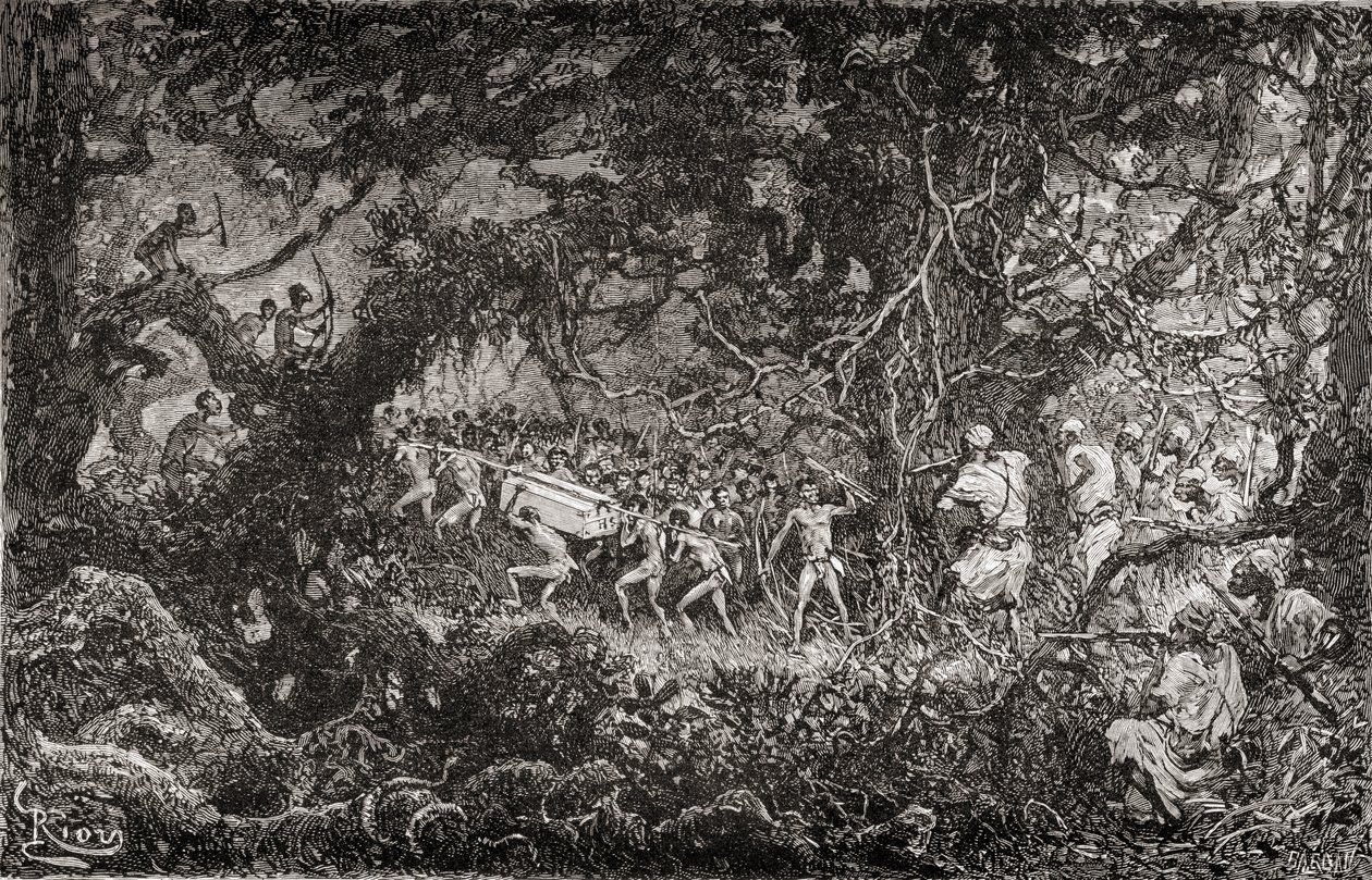 Los exploradores de la Expedición de Socorro Emin Pasha de Sir Henry Morton Stanley, en África en 1888, descubren a unos pigmeos llevándose una caja de municiones, publ. 1890. de English School