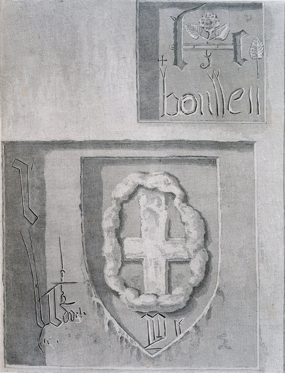 La firma de Ana Bolena con la Rosa Tudor durante su encarcelamiento en la Torre de Londres y el grabado de una cruz de otro prisionero, 1815 de English School