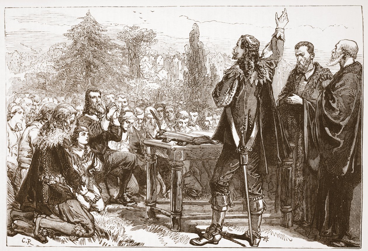 El juramento y suscripción del Pacto Nacional en el cementerio de Greyfriars, Edimburgo, ilustración de La Historia del Protestantismo de James Aitken Wylie, pub. 1878 de English School