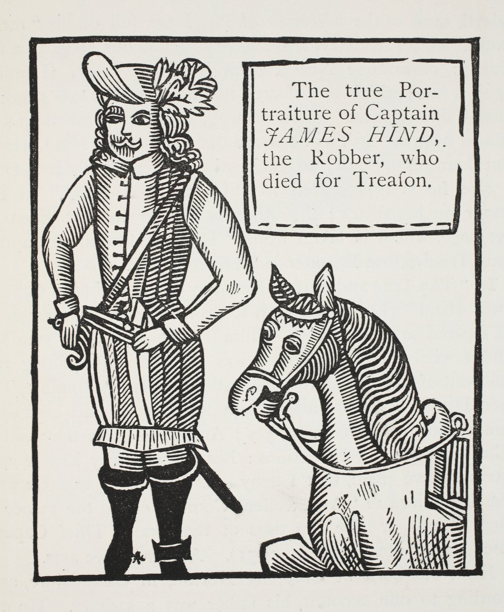 El verdadero retrato del Capitán James Hind, el ladrón, que murió por traición, ilustración de Chap-books del siglo XVIII de John Ashton, pub. 1882 de English School