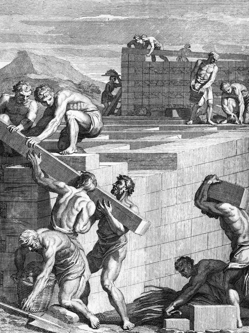 Las murallas de las ciudades entre los galos están construidas con cursos alternos de piedras y vigas, ilustración de los Comentarios de César traducidos al inglés por William Duncan de English School