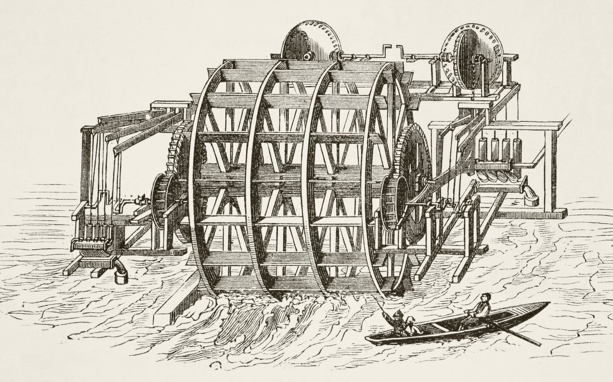 Las obras hidráulicas del Puente de Londres, erigidas por primera vez en 1582, de The National and Domestic History of England por William Hickman Smith Aubrey, publicado en Londres, c.1890 de English School
