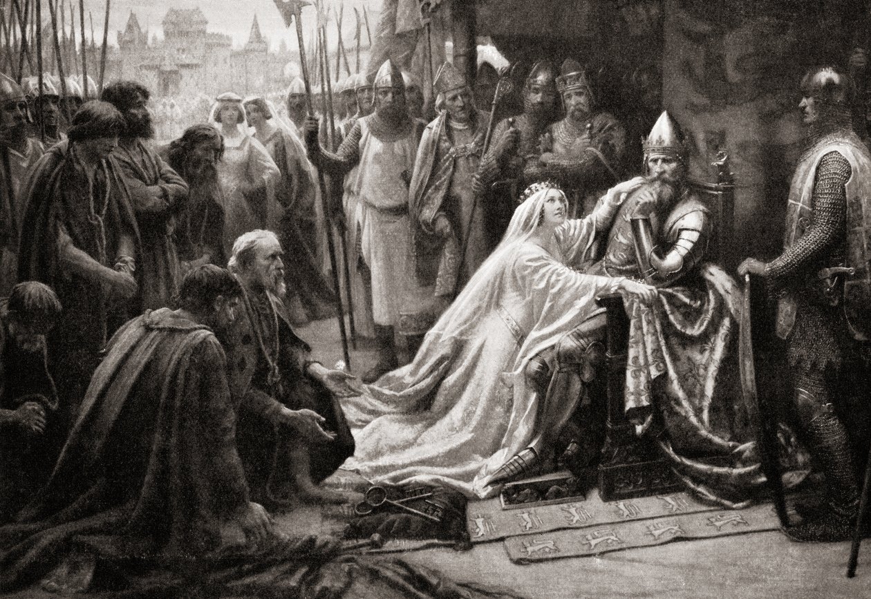 La esposa del rey Eduardo III, la reina Philippa de Hainault, intercede ante su marido para pedir que se perdone la vida a los siete burgueses de Calais (imprimir) de English School