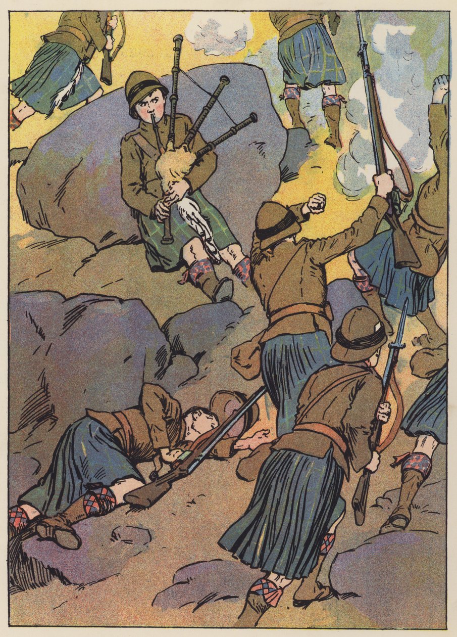 El gaitero herido lleva a las tropas a la victoria (litografía en color) de English School
