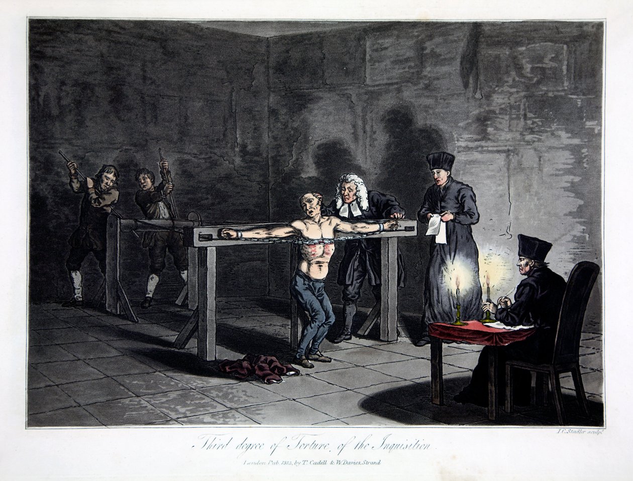 Tercer grado de tortura de la Inquisición, grabado por L.C. Stadler, publicado por Cadell & Davies, Londres, c.1813 (grabado en color) de English School