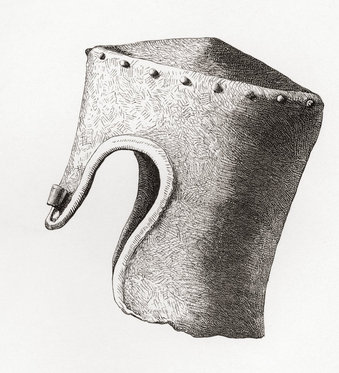 Casco cilíndrico de punta plana con nasal del siglo XIII, desenterrado en el castillo de Montgomery en 1841, de The British Army: Its Origins, Progress and Equipment, publicado en 1868. de English School