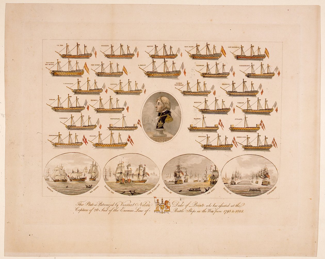 Esta placa está patrocinada por el vizconde Nelson, duque de Bronte, quien ha asistido en la captura de 26 barcos de línea de batalla enemigos en la guerra de 1793 a 1805 de English School