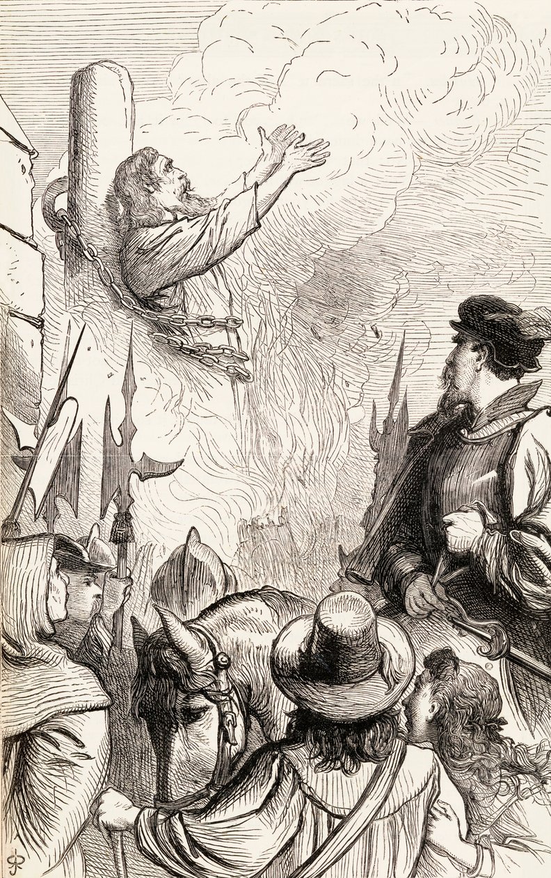 Thomas Hawkes quemado en la hoguera durante las Persecuciones Marianas, c.1865 de English School