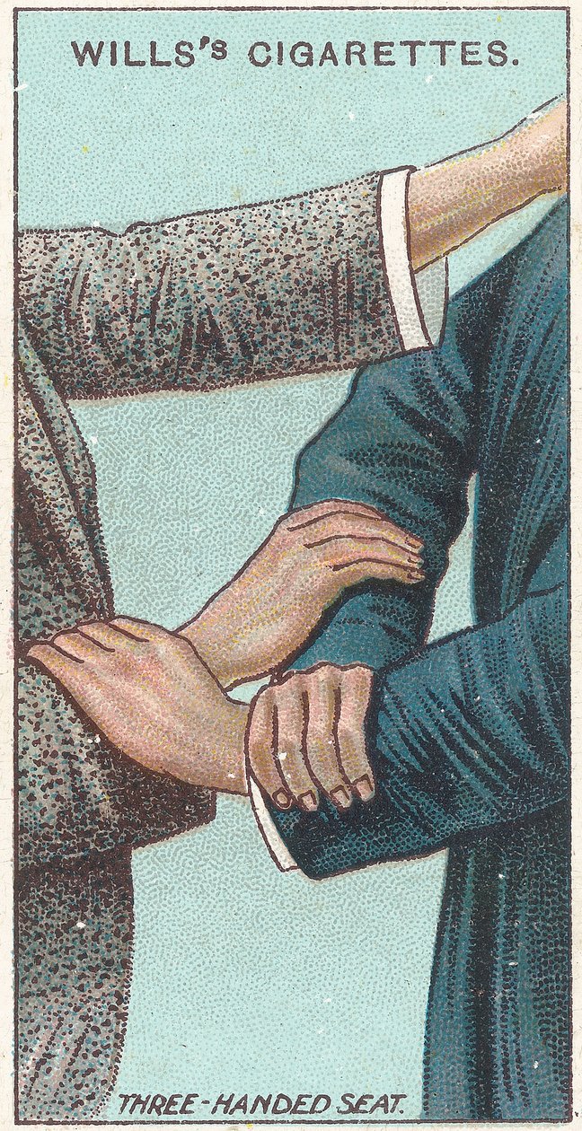 Asiento de tres manos, no.21 de la serie de primeros auxilios de las tarjetas de cigarrillos de Willss, 1913 de English School
