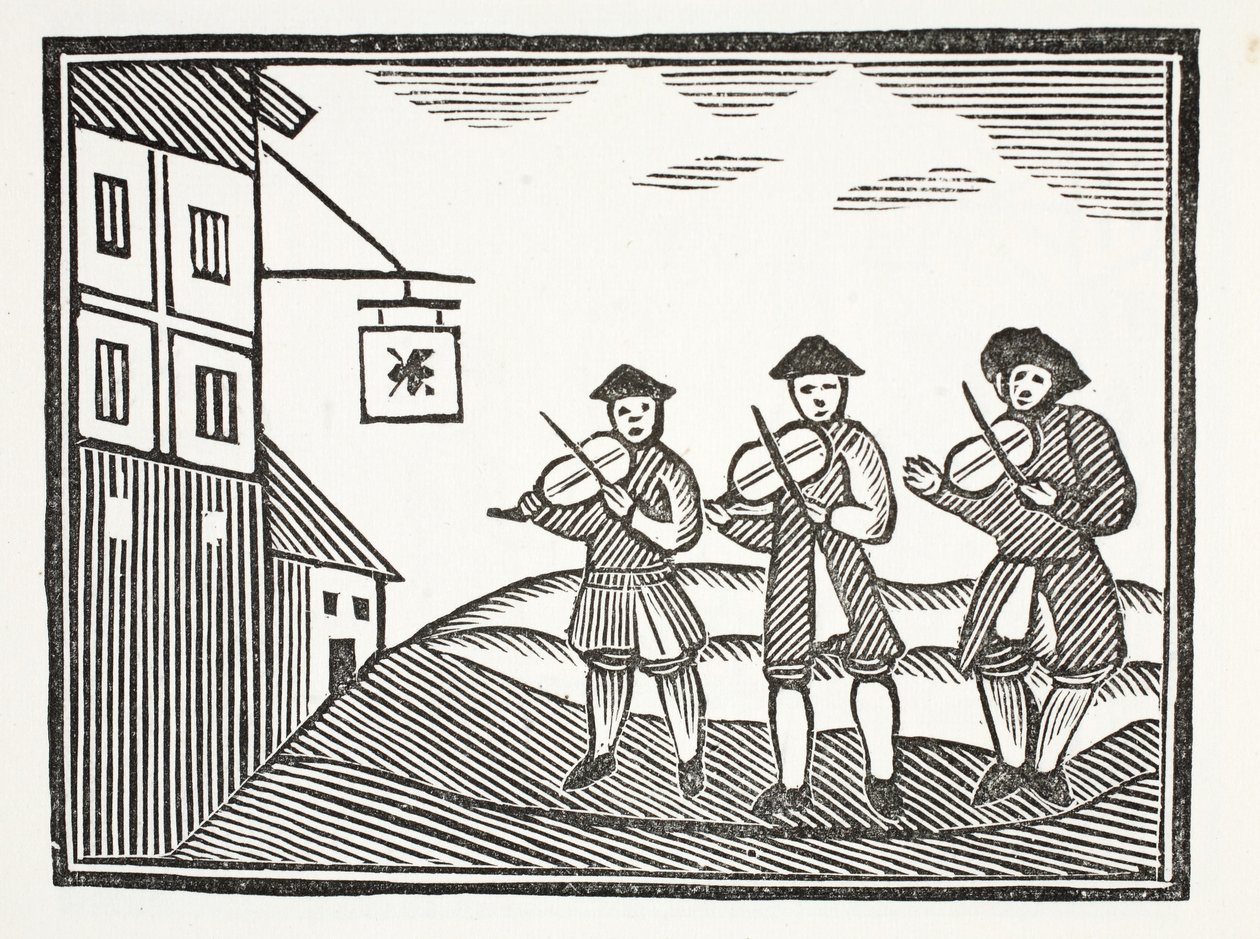 Tres violinistas en Thames Street, que tocaron para un novio en la mañana, quien no les dio nada de beber, ilustración de Chap-books del siglo XVIII de John Ashton, pub. 1882 de English School