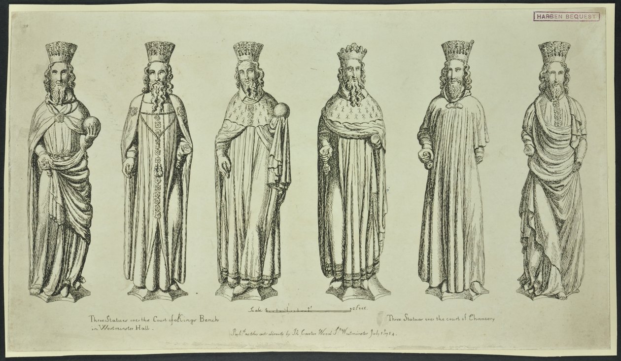 Tres estatuas sobre el Tribunal del Banco del Rey en Westminster Hall y tres sobre el Tribunal de Cancillería, 1784 de English School