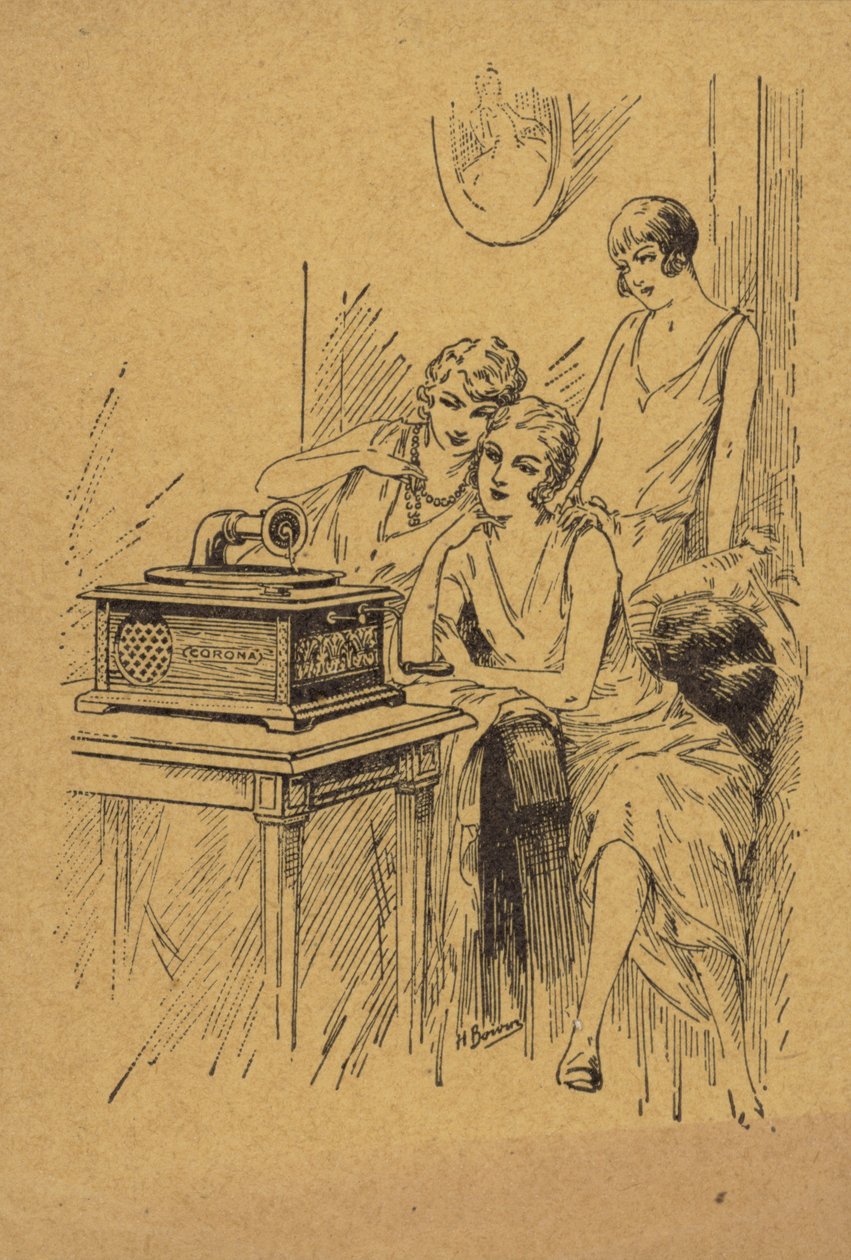Tres mujeres jóvenes escuchando un tocadiscos (grabado) de English School