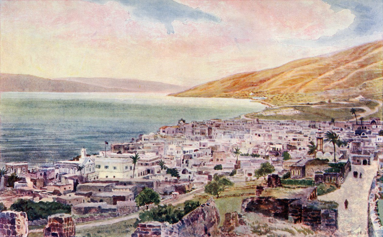 Tiberio y el Mar de Galilea, Israel, c.1910 (litografía en color) de English School